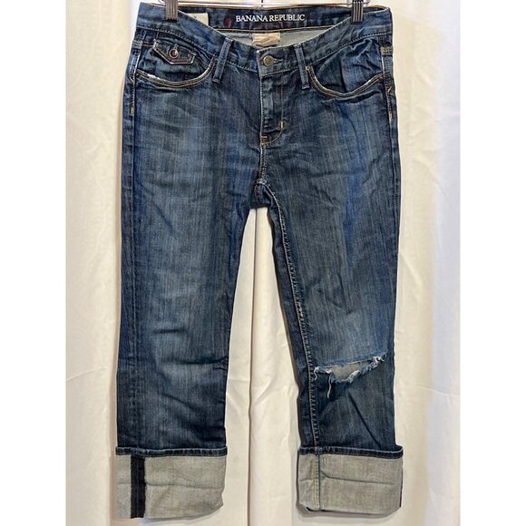 Banana Republic Womens Distressed Denim Jeans Size 4 Cuffed Hem Medium Wash Cott - Picture 1 of 11
